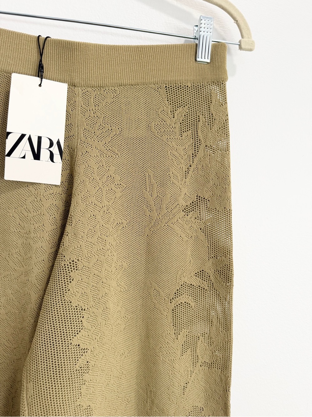 Zara Khaki Green Floral Lace Knit Pants Wide Leg Ribbed Waistband Size Small - Picture 3 of 4